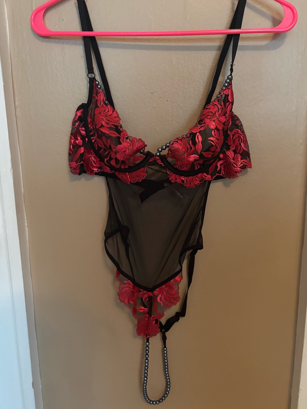 Black & Red Floral Lace Sheer Bodysuit